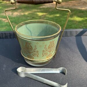 Vintage Green and Gold Ice Bucket with Tongs